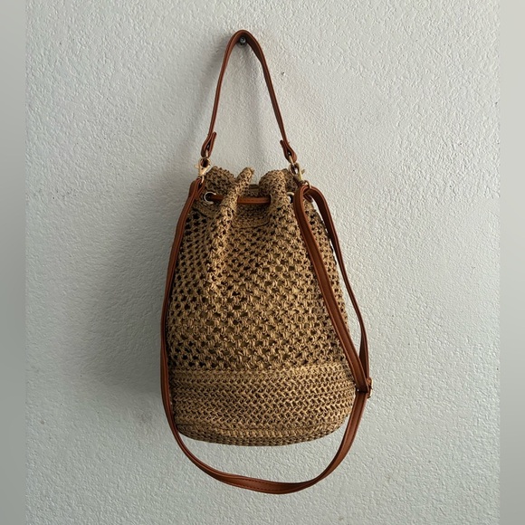 Tan Woven Straw Hollow Bucket Crossbody Bag Handbag Tan - Picture 5 of 12